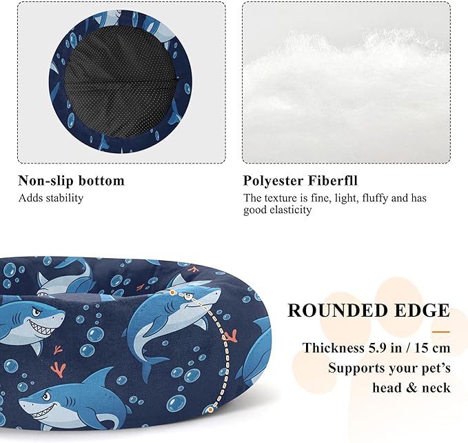 Burbuja Sharks Donut Pet Bed, Calming Soft Dog Bed with Anti-Slip Bottom, Round Cuddler Support for Dogs & Cats, Washable 13 in