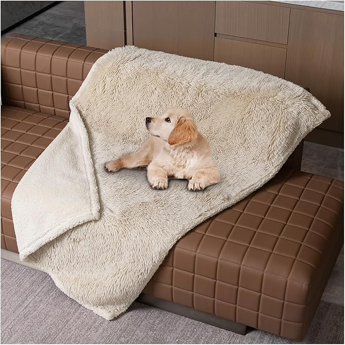 Waterproof Dog Blanket Beige Fluffy Long Faux Fur Pet Throw Blankets 28x20in for Couch Love Bed Cover Washable(Beige,XS)