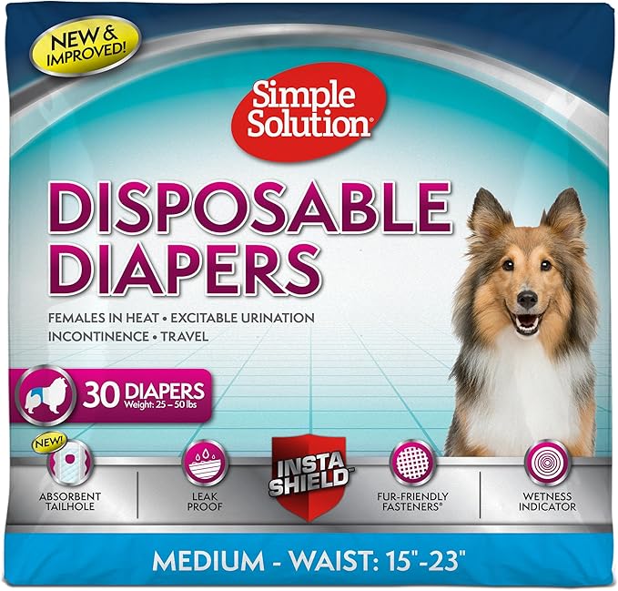Simple Solution Disposable Dog Diapers, Female Dog Diapers, Puppy Potty Training, Incontinence and Heat Cycle Protection, Medium Diapers for Dogs, 15-23 Inch Waist, 30 Count