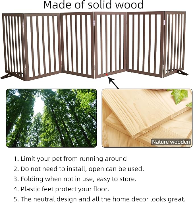 Dog Gate Indoor, Freestanding Dog Fence for The House, Doorways, Hallways,or Stairs,Pet Gate Foldable Wooden,Expandable 32" Height 6 Panels,Brown
