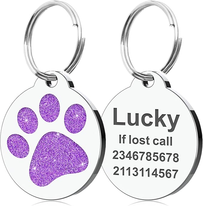 Dog Tags Personalized for Pets Dog Name Tags Personalized Dog Tag Engraved with Any Name & Text Custom Dog ID Tags Glitter Bone ID Tag for Puppy Cat (Purple-Round, L)