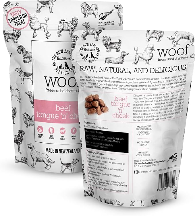The New Zealand Natural Pet Food Co. WOOF Freeze Dried Dog Treats – Beef Tongue ’n’ Cheek, High Protein, Collagen Rich, Topper or Treat – 1.76 oz