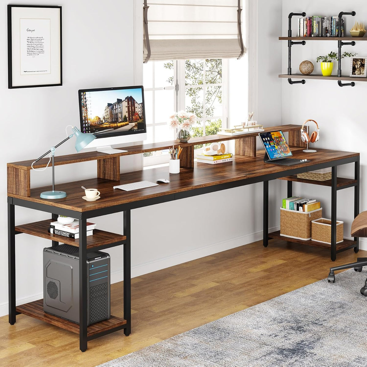 Tribesigns Two Person Desk with Monitor Stand, 78.74" Long Double Computer Office Desk with Storage Shelves, Large Gaming Study Writing Table Workstation for Home Office (Rustic Brown)