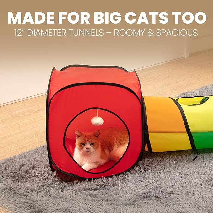 Genius Cat Tunnels for Indoor Cats - Large Customizable 5-Way Tunnel Tube System with Hanging Toys, Storage Bag, Tear-Resistant & Collapsible Play Center for Kittens, Small Dogs, & Rabbits