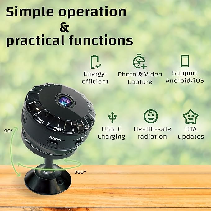 Wireless Bluetooth Indoor Camera – Low-Radiation, Portable Security Camera with Time Lapse, Playback, Pet & Plant Monitoring, Supports External USB Power (Upgraded Lens)