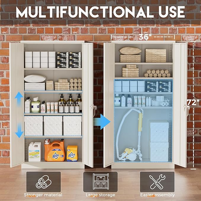 Greenvelly Garage Storage Cabinet,72" Metal Cabinet with 2 Doors and 4 Shelves,Steel File Cabinet for Home Office, Garage, Classroom（Grey 36" X 18"）
