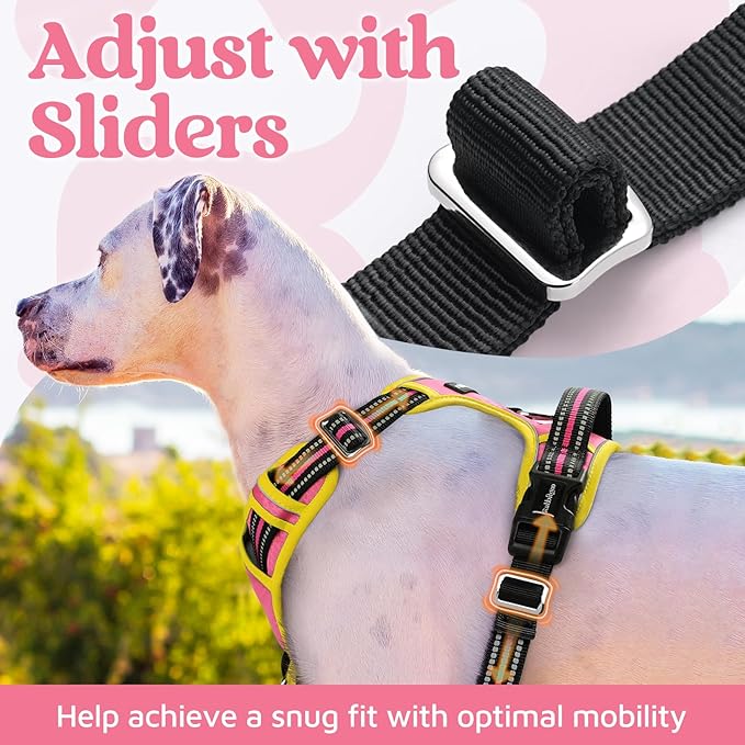 rabbitgoo Dog Harness for Large Dogs, No Pull Pet Vest with 3 Buckles, Adjustable Soft Padded Pet Harness with Easy Control Handle and Reflective Strips, Pink & Yellow, XL