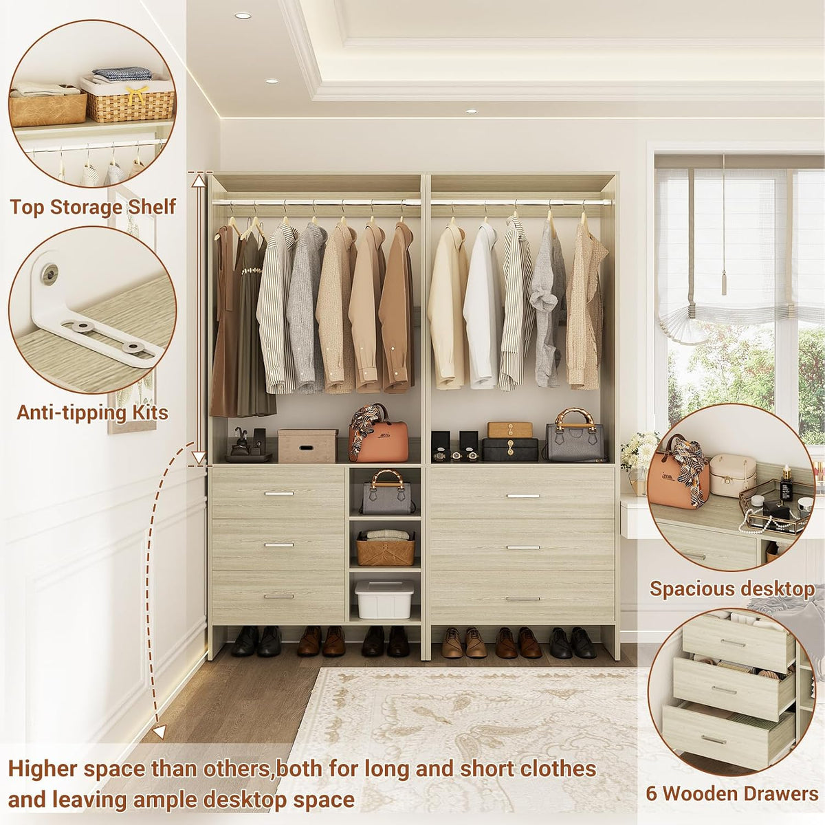 Aheaplus Closet System with 6 Drawers, 4.3ft, Set of 2, White Oak