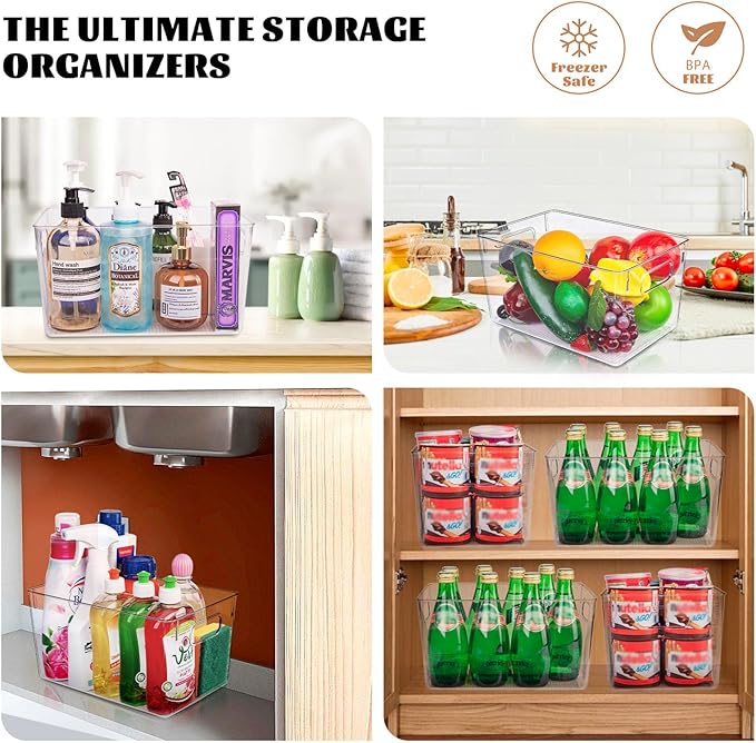 Clear Plastic Storage Bins-6 Pack Large Pantry Organizers and Storage Containers for Kitchen, Bathroom, Under-Sink, Office, Closet, Garage, Freezer and Snack