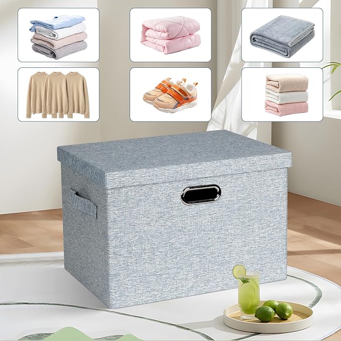 Large 17" 36 Quart Collapsible Stackable Storage Bins with Lids, 3 Packs Blue-Grey Linen Fabric Closet Boxes with Lids, Storage Cube Baskets Container Organizers for Bedroom (17x12x11)