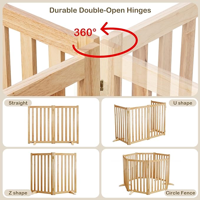 24" Height Tall Freestanding Pet Gate, Solid Wood Folding Safety Fence Wooden Dog Gate with 2 PCs Support Feet Ideal for Stairs, Doorways, Halls, Kitchens, Heavy Duty Gates, 2 Panels, Natural