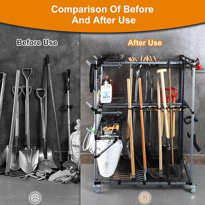 BIG Garden Tool Organizer with Wheels - Rolling Storage Rack - Multifunctional Cart