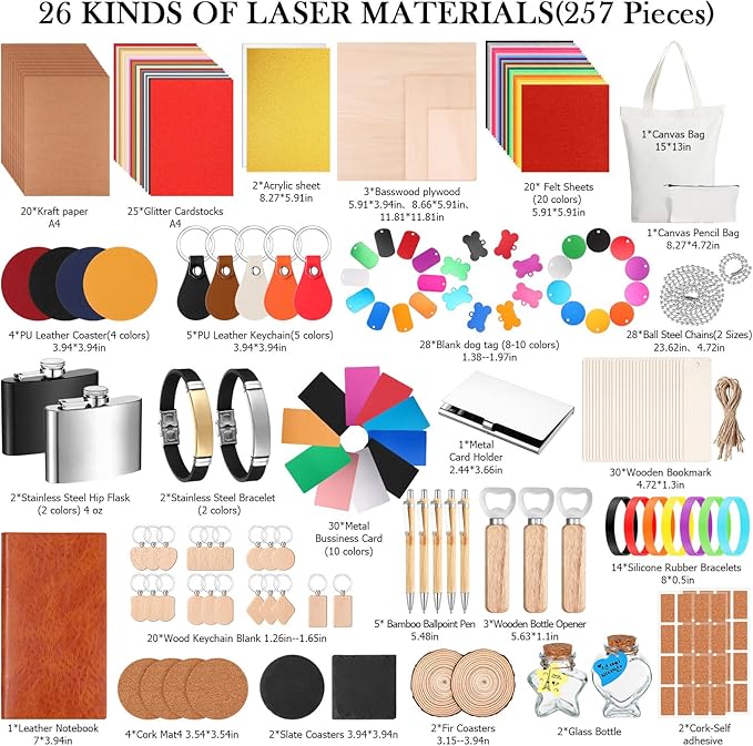 Dunzoom 257 Pcs Laser Material Kit Laser Engraving Materials Including Acrylic