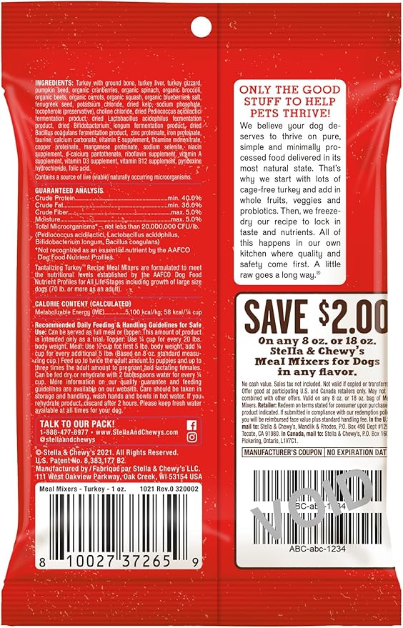 Stella & Chewy's Freeze-Dried Raw Tantalizing Turkey Meal Mixers- Dog Food Topper and Mixer - Made with 95% Cage-Free Turkey, Organs & Bone - Perfect for Picky Eaters - Grain-Free - 1 oz (Pack of 6)