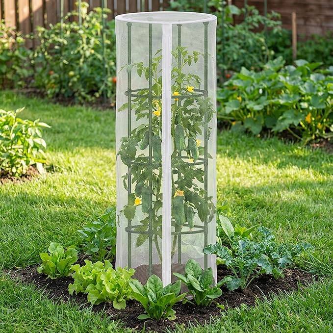 2 Pcs Garden Bird Netting for Round Plant Cage, 59" x 18" Tomato Cage Garden Net Cover with Zipper, Tomato Trellis Insect Bird Barrier Protection Mesh for Vertical Climbing Plants Vegetables Fruits