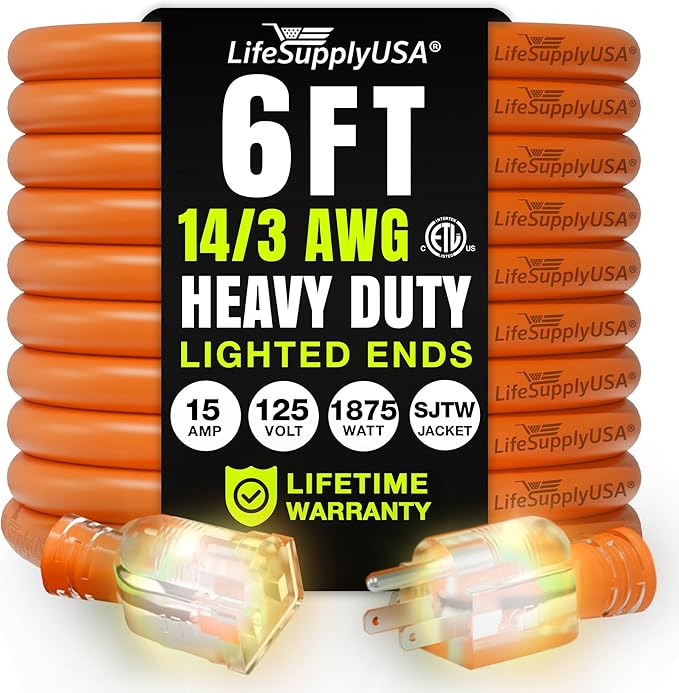 6ft Outdoor/Indoor Extension Cord 14/3 Gauge Heavy Duty 3 Prong SJTW, Waterproof, ETL Listed, Flexible Cold-Resistant Long Power Cord,15A 125V 1875W, Orange by LifeSupplyUSA