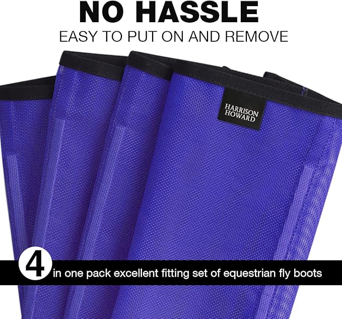 Harrison Howard Loose Fitting Fly Boots UV-Protective Extra Tough Mesh Ventilated Four Fasteners Stay-on Design Protect Horse Legs & Stomp-Reducing Set of 4 Deep Navy Yearling