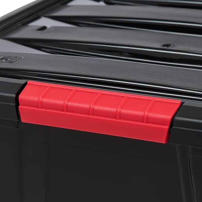 IRIS USA 51 L (54 QT) Plastic Storage Box with Lid and Latches - 4 Pack - BPA-Free, Garage Organizing Solution, Durable Nestable Stackable Containers, Secure Pull Handle - Black