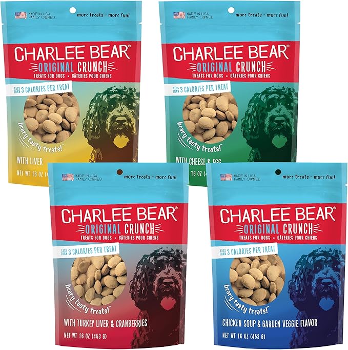 Charlee Bear Original Crunch Dog Training Treats, 4 Flavor Variety Pack, 3 Calories Each, Low Calorie Natural Rewards for Puppies to Adult Dogs, Made in USA, 16 oz (4-Pack)