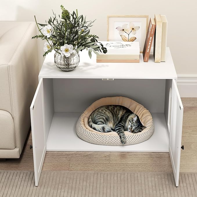 PawHut Cat Litter Box Enclosure, Hidden Litter Box Furniture with Barn Door, Cat Hole, Indoor Pet House Washroom, End Side Table, 31.5" x 21" x 20", White