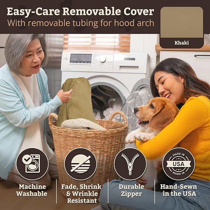 Snoozer Cozy Cave Dog Bed - Indoor Dog Bed with Cover Cave, Covered Calming Burrow for Medium & Large Sized Pets with Blanket Attached, Enclosed, Removable Washable Cover - XL, Khaki