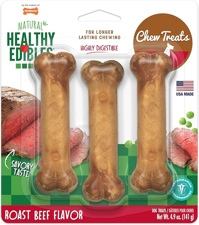 Nylabone Healthy Edibles Natural Dog Chews, Long Lasting Bones for Dogs, Roast Beef Flavor Dog Treats, Small (3 Count)