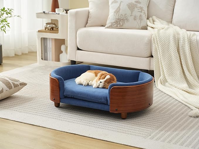 Scandinavian Style Elevated Dog Bed Pet Sofa with Solid Wood Legs and Bent Wood Back, Velvet Cushion, Small Size, Walnut Frame & Dark Blue Cushion