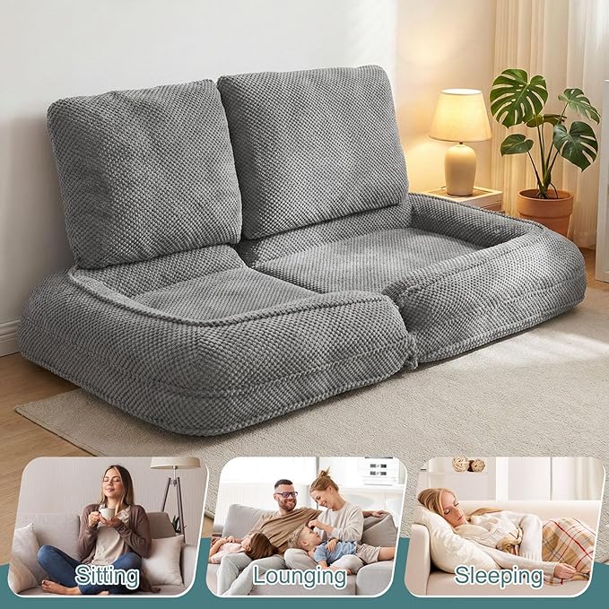 Human Dog Bed for Adults & Pets, 5-Position Adjustable Floor Chair, Convertible Lazy Sofa Bed with Metal Frame & 2 Pillows, Plush Gaming Lounge for Living Room Bedroom Office (Gray)