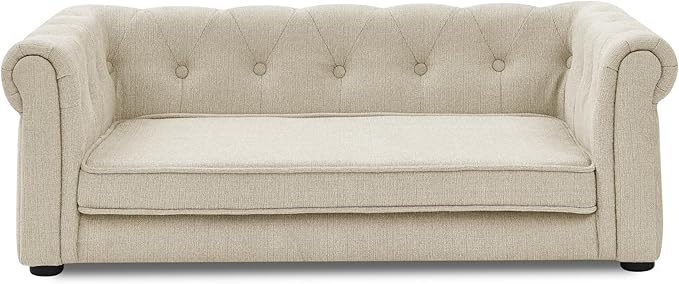 Elevated Dog Sofa with Backrest and Armrests, Button Tufted Dog Couch Bed with Soft Cushion for Medium Dogs, Stylish Lounging Bed Pet Couch Chair, 60Lbs Weight Capacity, Beige