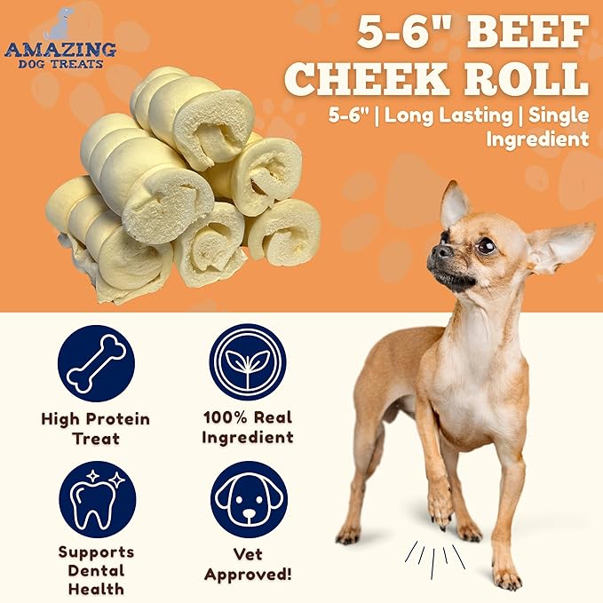 Amazing Dog Treats - Beef Cheek Rolls (Mega Thick 5-6" - 4 Pcs) - Safe Rawhide Alternative Dog Chew - Great for Power Chewers - Long Lasting Dog Chew - Retriever Rolls for Dogs