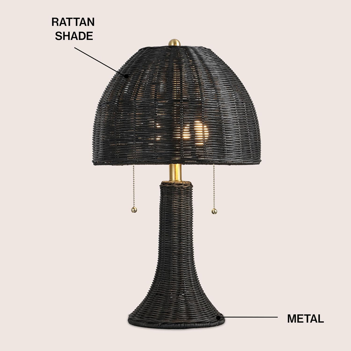 JONATHAN Y Joanie 2-Light Table Lamp 22" Rattan, Black/Brass Gold
