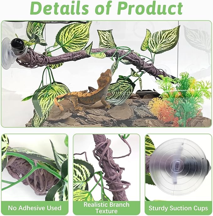 VCEPJH Reptile Climbing Branch Decor 2 Pcs Bendable Jungle Vine with Suction Cup Terrarium Plant Decoration for Gecko Bearded Dragons, Snake,Frogs, Chameleons Cage Accessories (T)