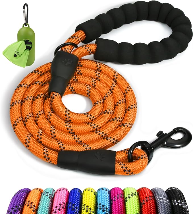 Taglory Rope Dog Leash 6 FT with Comfortable Padded Handle, Highly Reflective Threads Leash and Anti-Tangle Clip for Walking Medium Large Dogs, 1/2 inch, Orange