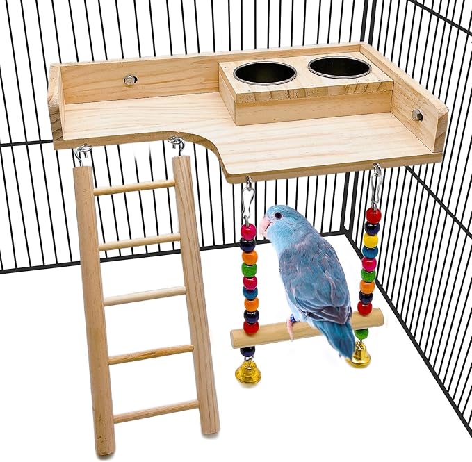 kathson Bird Perches Platform with Climbing Ladder and Swing,Parrot Cage Playground Toys with Food Cups,Parakeet Playing Gyms Wooden Exercise Training Stands for Budgie,Lovebird,Cockatiels