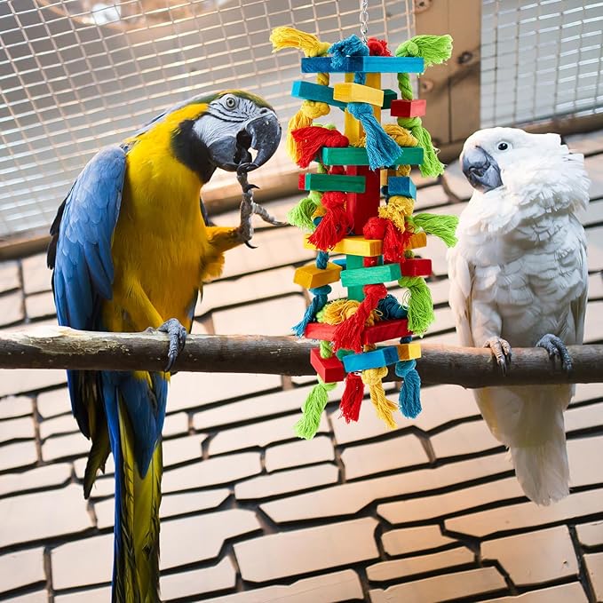3 Pcs Extra Large Bird Parrot Toy Multicolored Natural Wooden Parrot Cage Chewing Toys for Large Medium Macaws Cockatoos African Grey Birds (Block and Ball)