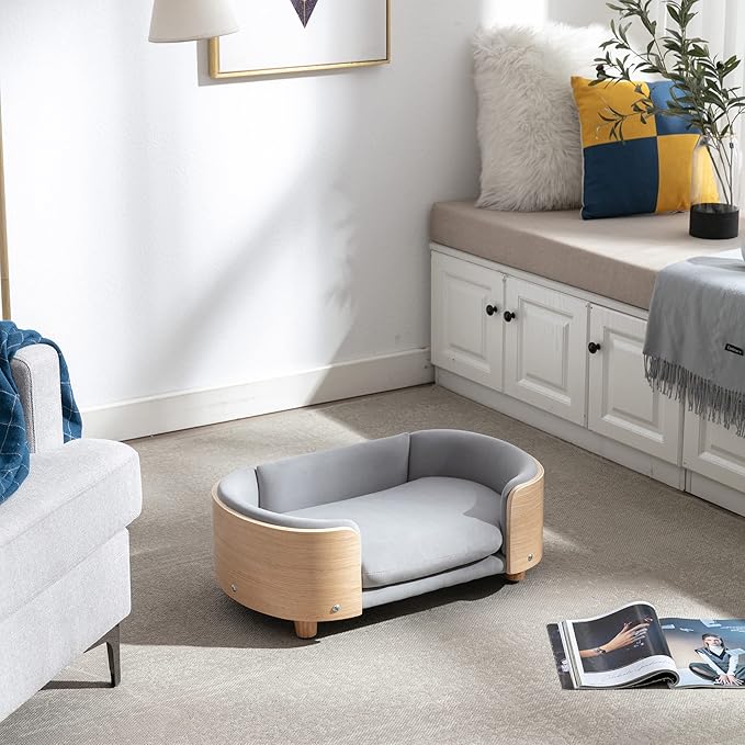 Scandinavian Style Elevated Dog Bed with Solid Wood Frame, Orthopedic Pet Sofa with Removable Washable Cover, Small Size Pet Furniture (Light Gray)