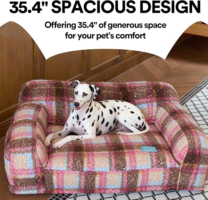 ZEZE Vintage Furniture Style Sofa Pet Bed - Washable Plush Dog & Cat Couch, Retro Style Pet Furniture, Soft Cozy Support for Pets (Large, Pink Plus)