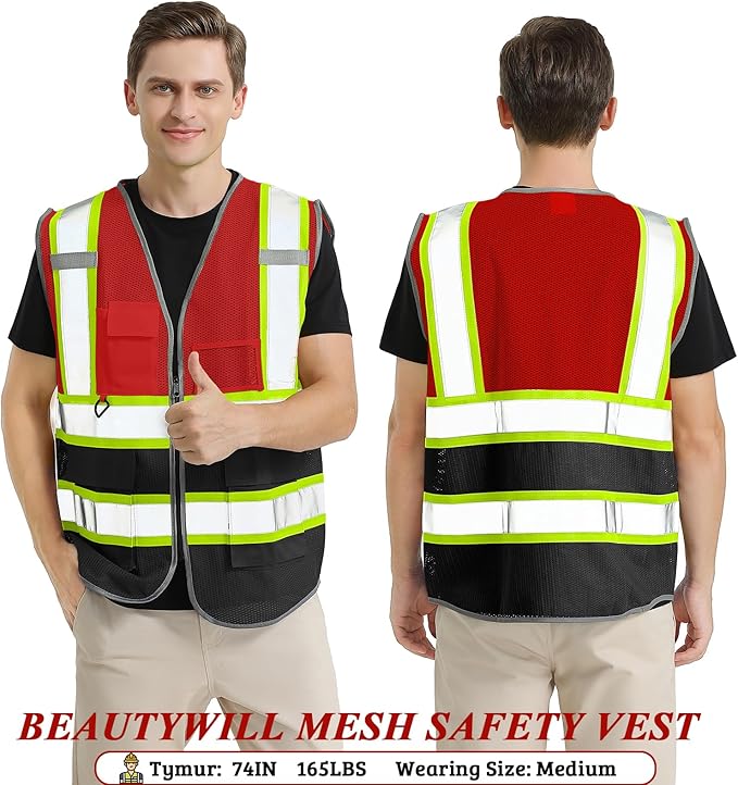 Custom Mesh Safety Vest Customized Logo Class2 High Visibility Reflective Vest with Pockets Construction workwear（Red Black，4XL ）