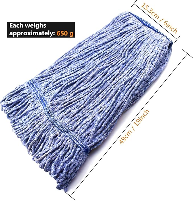 String Mop Heads Replacement Heavy Duty Commercial Grade Blue Cotton Looped End Wet Industrial Cleaning Mop Head Refills (2, Large)