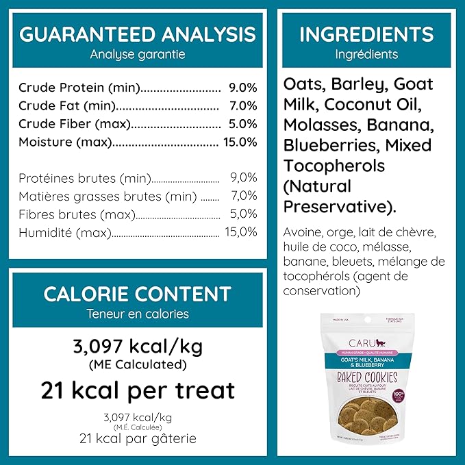 Caru - Goat’s Milk, Banana & Blueberry Baked Cookies - Natural Treats for Dogs - Human Grade Ingredients - Flavorful - Wheat, Corn, Soy & Legume Free - Non-GMO - Made in USA - 4 oz - 1 Pack
