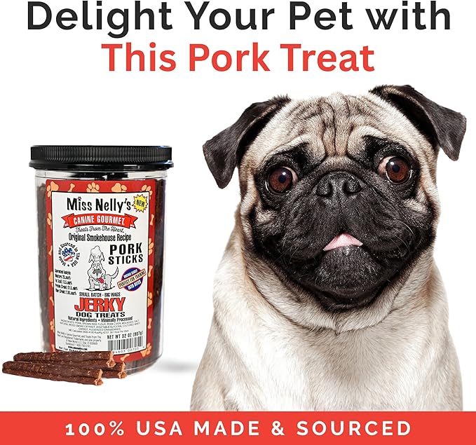 Miss Nelly's- All Natural Pork Jerky Dog Treats Made in USA Only-Original Smoke House Recipe-Minimally Processed Soft Sticks Dog Jerky Treats-32 oz. Jars