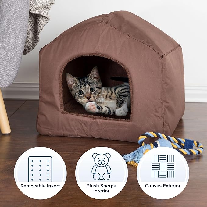 Dog House - Indoor Dog House with Removable Sherpa Cushioned Pad - Pet Bed for Small Dogs, Cats, or Kittens - Dog Houses by PETMAKER (Brown)