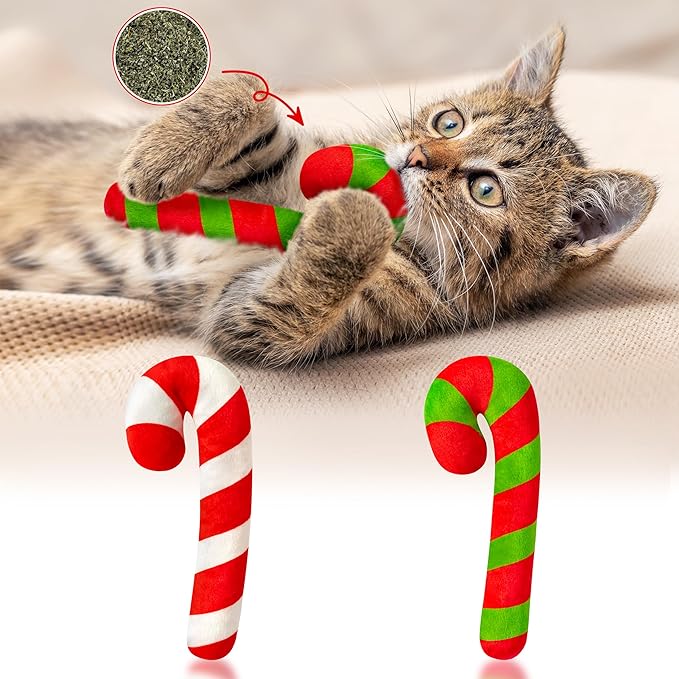 MALLMALL6 2Pcs Interactive Christmas Cat Candy Cane Catnip Toys Gift for Cats, Indoor Kick Plush Catmeth Pet Toy Supplies for Cat Lovers