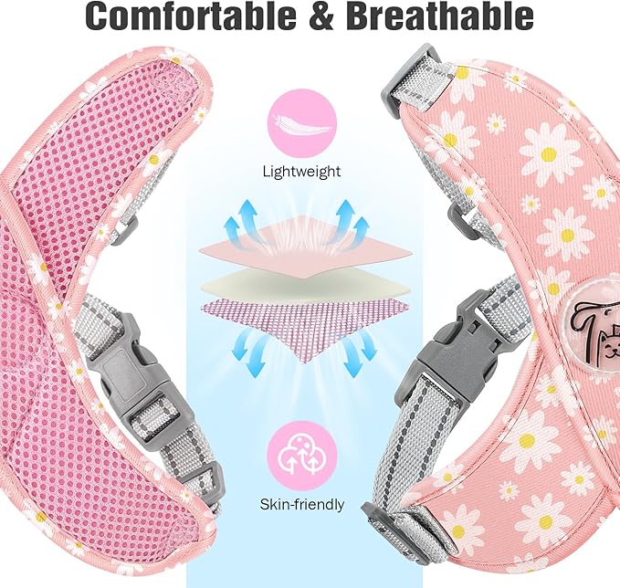 Pawaboo Small Dog Harness and Leash Set, Puppy Harness X-Frame No Pull No Choke, Dog Vest Harness Adjustable for Small Medium Sized Dogs,Soft Breathable Pet Harness for Walking Outing, S, Pink Daisy