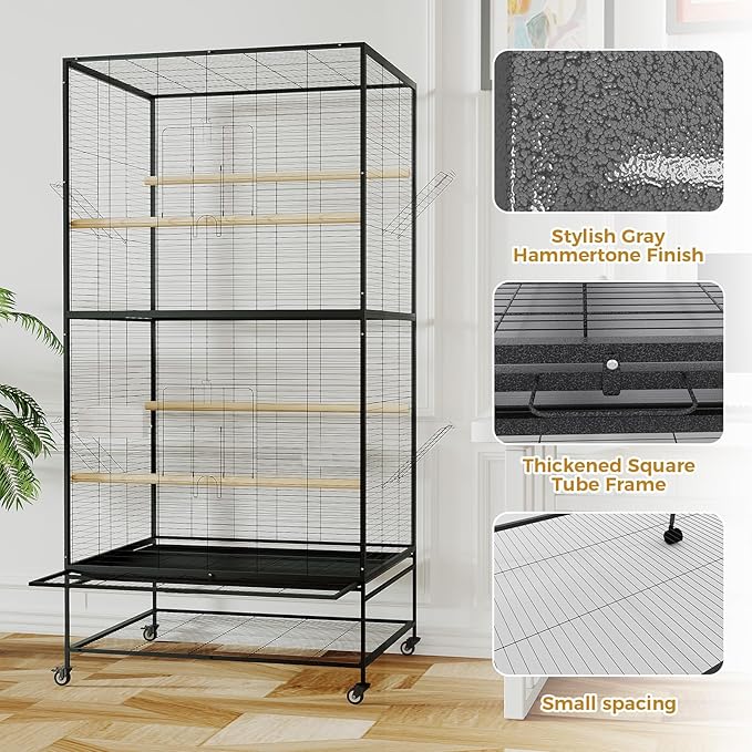66 Inch Large Bird Cage Metal Parrot Cage with Storage Shelf for Mid-Sized Parrots Cockatiels Conures Parakeets Lovebirds Budgie Finch Black