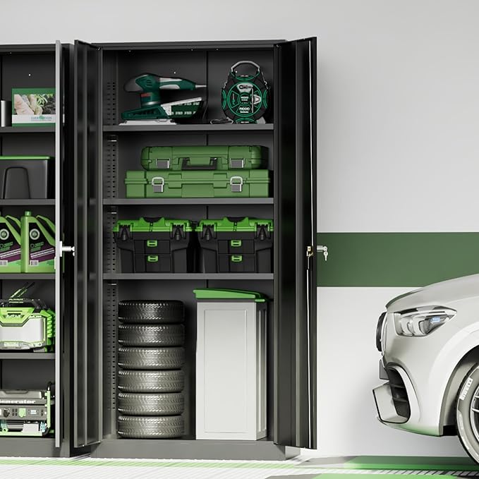 INTERGREAT 72-Inch Metal Storage Cabinet for Garage, Lockable Steel Cabinet with Doors and Adjustable Shelves, Black Locking Storage Unit for Office, Home, Gym, and School.
