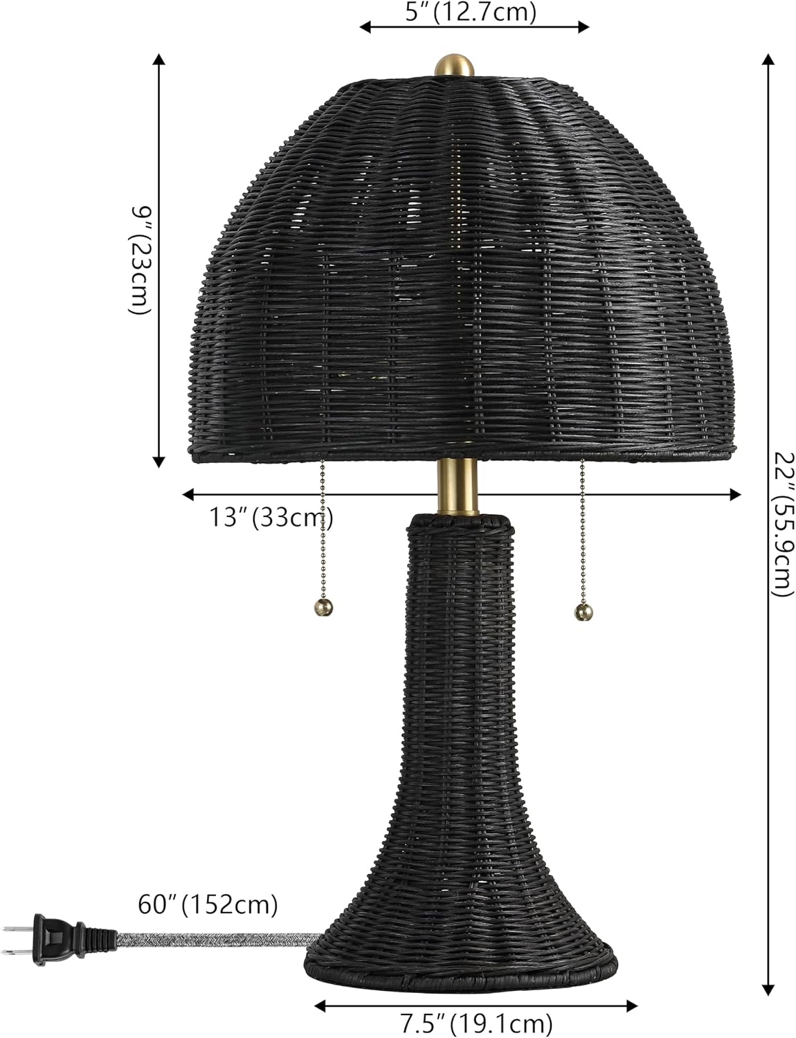 JONATHAN Y Joanie 2-Light Table Lamp 22" Rattan, Black/Brass Gold