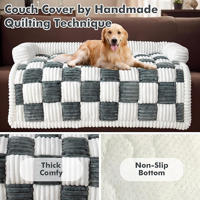 LiveGo Fuzzy Pet Couch Covers for Sofa, Dog Couch Cover Fuzzy Sofa Cover Cream Square Plaid Dog Bed Plush Dog Mat for Furniture Protector for Large Medium Dogs and Cats