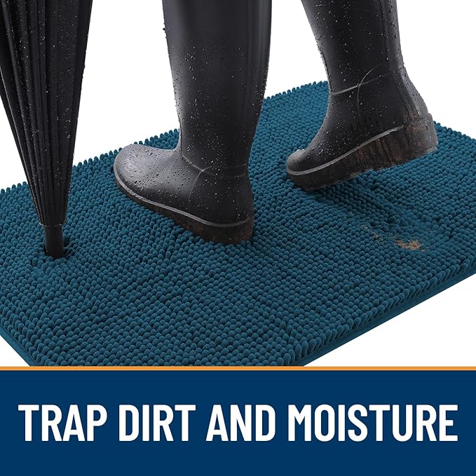 OLANLY Dog Door Mat Set 2-Piece 24x16, Absorbs Moisture and Dirt, Absorbent Non-Slip Washable Doormat, Quick Dry Chenille Mud Mat for Dogs, Entry Indoor Entryway Carpet for Inside Floor, Atlantic Blue