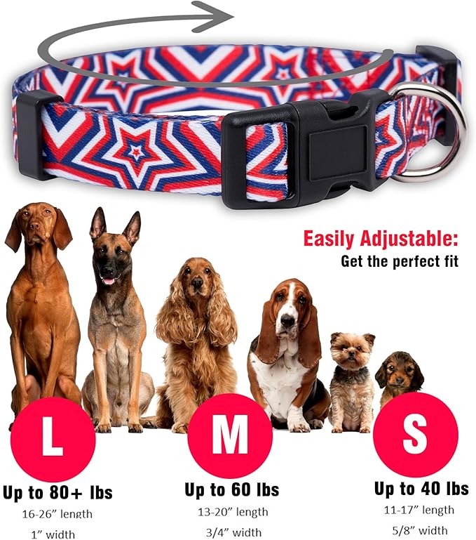 Native Pup American Flag Dog Collar- Red White and Blue- Patriotic Collars for 4th of July, USA- Adjustable Small, Medium, Large Breed Dogs (Medium, Big Stars)